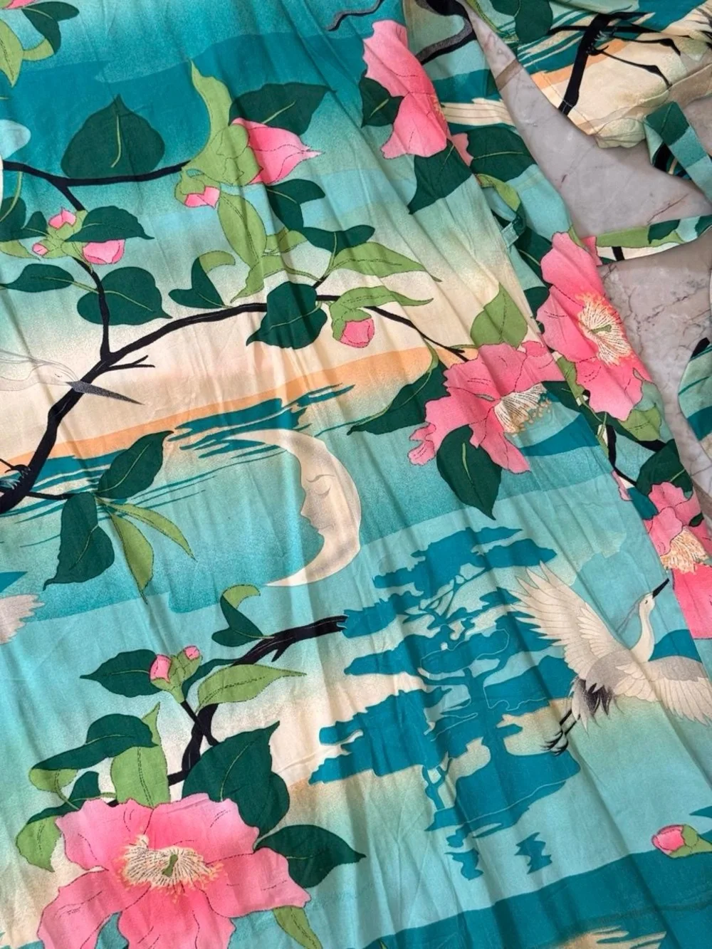 Kimono Style Floral Crane Robe Ocean Print Japanese Inspired Cover Up S/M - Picture 3 of 8